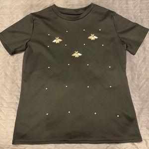 unknown brand, XXL, black with pearls and bees glued onto shirt